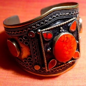 Boho Kuchi cuff Sterling Silver Enamel and Coral